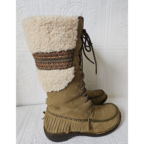 UGG Shoreline Shearling Sheepskin Leather Fringe Tall Boots Womens 7 Olive Green - Picture 14 of 15